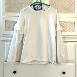 White sweatshirt fabric casual top with frilly sleeves